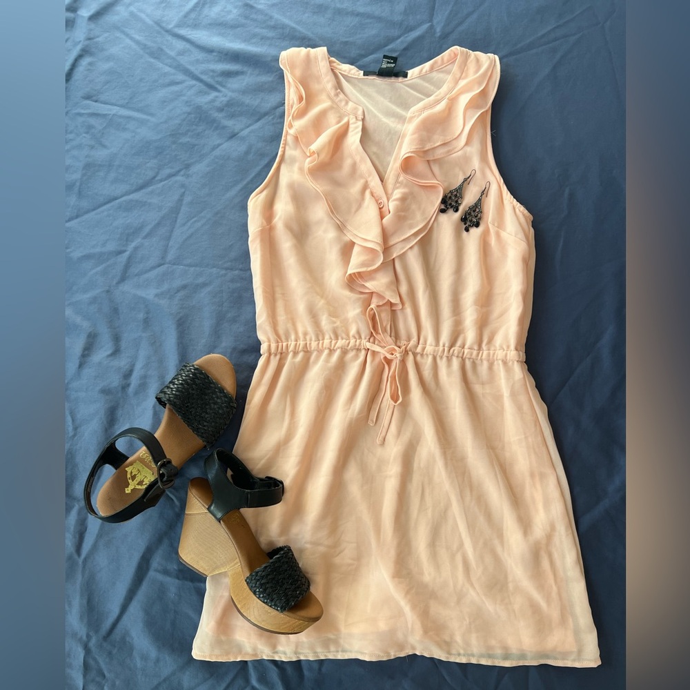Chiffon peach ruffle mini dress, size Small- petite